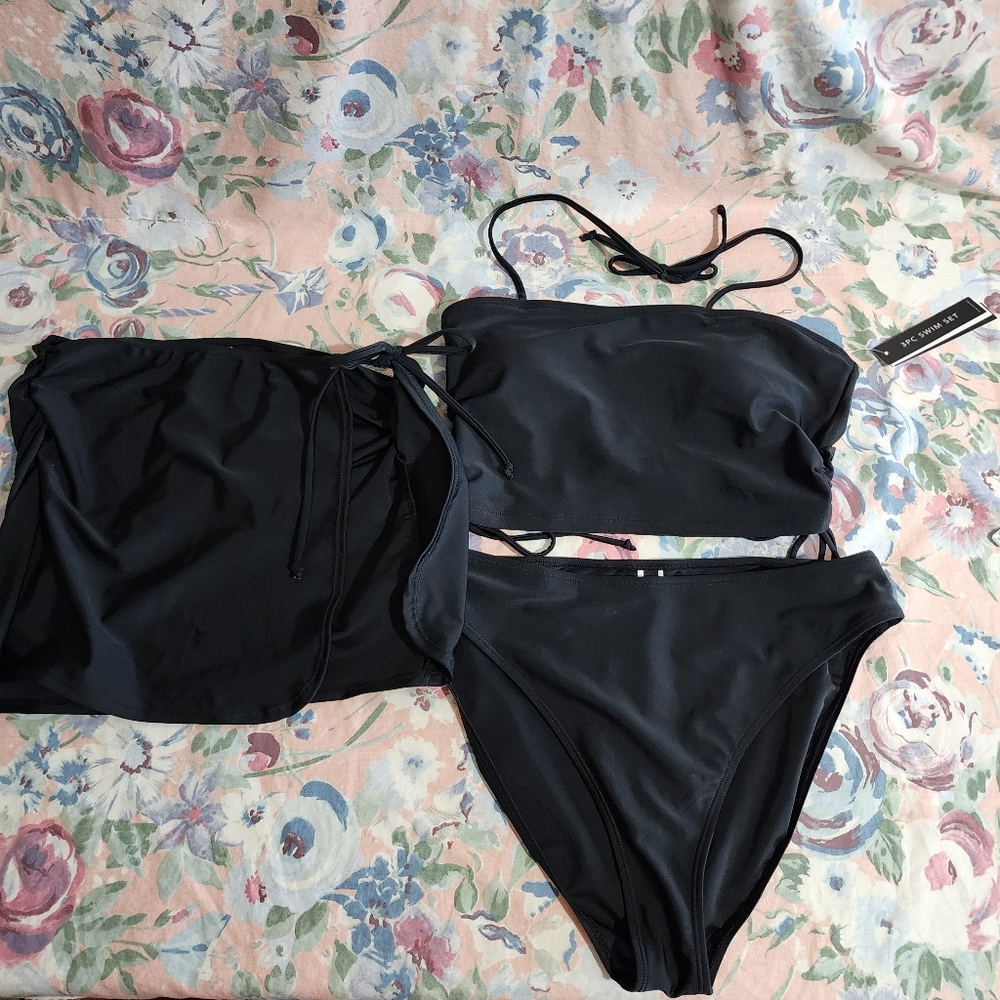 Tahari 3 piece black Tankini set with sarong size M NWT bathing suit swimsuit